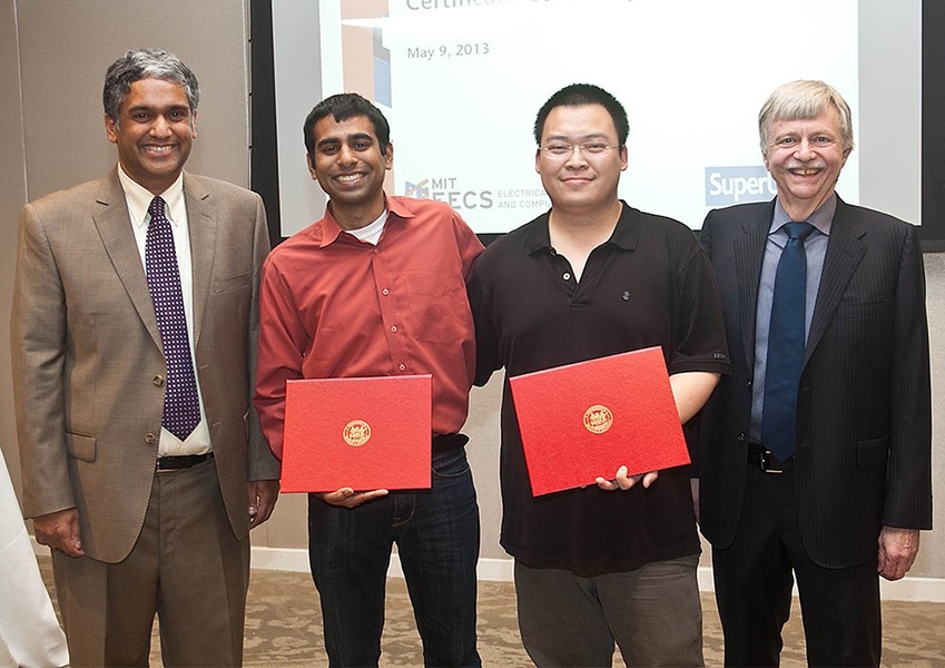 SuperUROP students Arun Saigal and Weihua Li celebrated receiving their SuperUROP certificates with Professors Anantha Chandrakasan, at left, and Dennis Freeman, who taught the two-semester class.