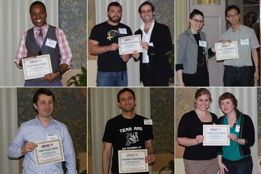 Graduate student winners (from top left): Marcus Parrish (first place); Anthony Soltis and Fabio Caiazzo (second-place tie); and Bridget Wall and Jun Jie Ian Tay (third-place tie). Postdoctoral scholar winners (from bottom left): Bogdan Fedeles (first place); Zachary Nagel (second place); and Nicole M. Iverson and Stephanie E. Woods (third-place tie).