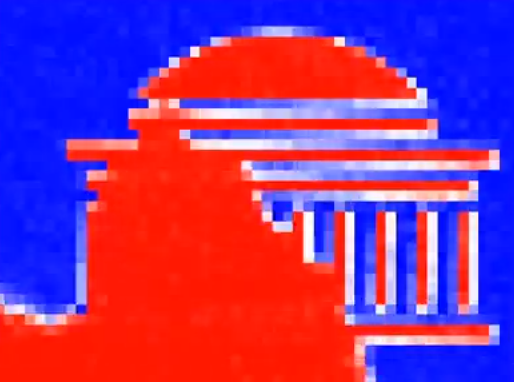 Pixelanted image of the MIT Dome in red on a blue background with the left-hand portion of the image also in red