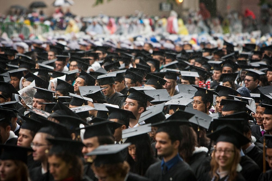 A sea of graduates awaits their turn to receive their diplomas.