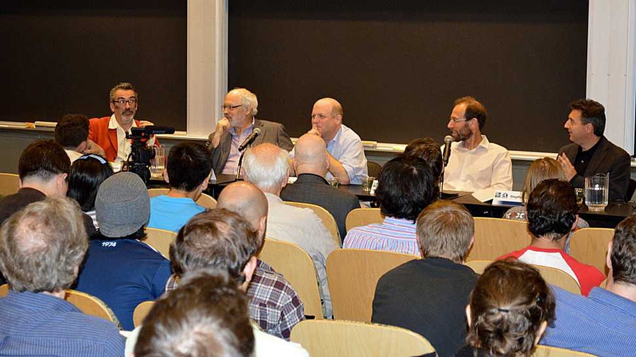 From left: Oliver Morton, Alan Robock, Daniel Schrag, David Keith and Stephen Gardiner