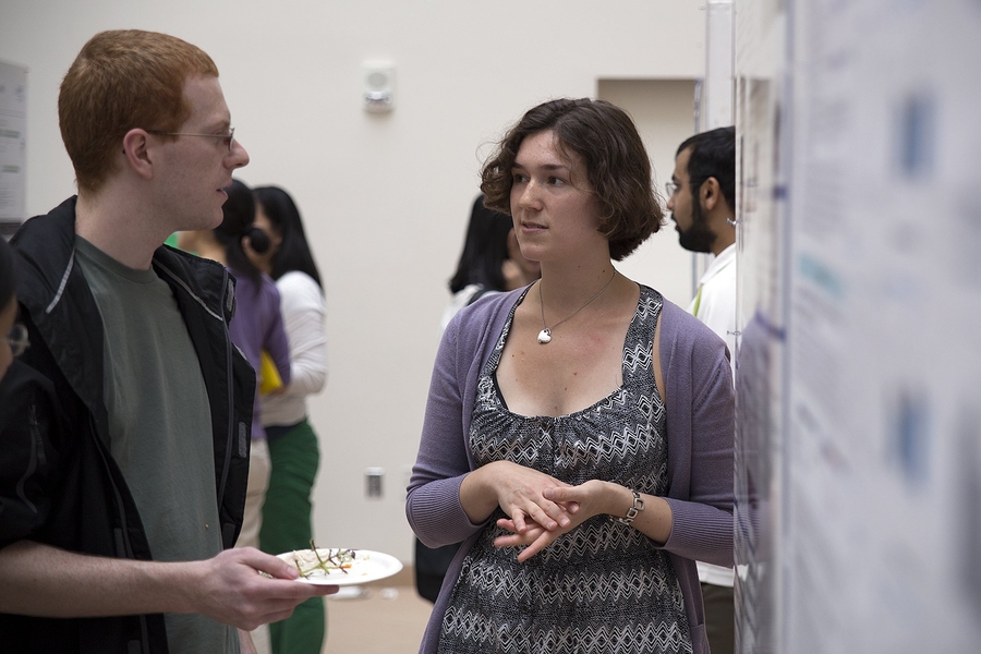 Emma Chaloux-Pinette '16 (right) is majoring in biology, but the Simons Center UROPs drew students from disciplines across MIT. "There is a poster here from chemistry. There are posters here from brain and cognitive sciences, biology, engineering," Sur said. "Our goal as we grow is to include more and more parts of MIT."