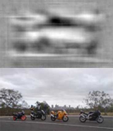 With each of the raw images at left (color), today's state-of-the-art
object-detection algorithms make errors that initially seem baffling — such as mistaking distant clouds for a nearby car. A new
technique enables the visualization of a common mathematical
representation of
images (in black and white), which should help researchers understand why
their
algorithms fail.