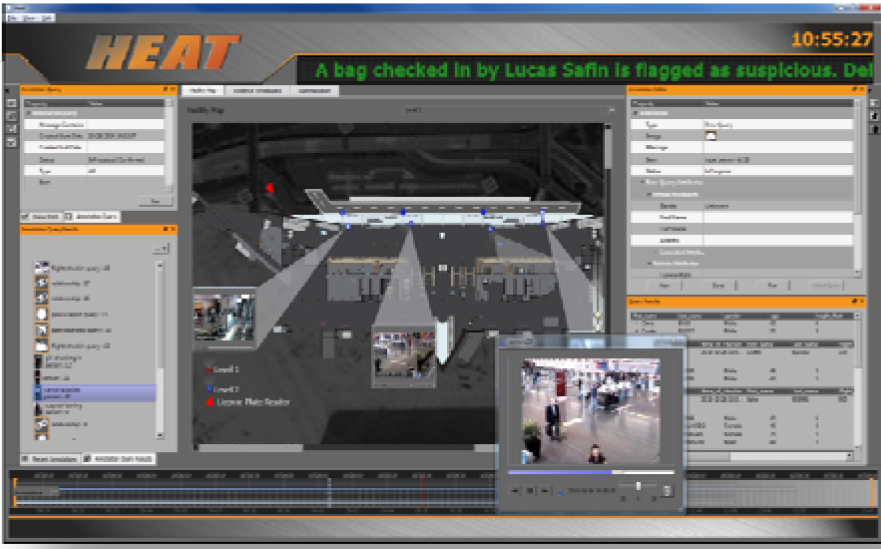 During the HEAT game, players can call up video surveillance, narrow into specified regions of interest, search databases, and display search results in their attempts to locate suspicious activity and persons at an airport terminal.