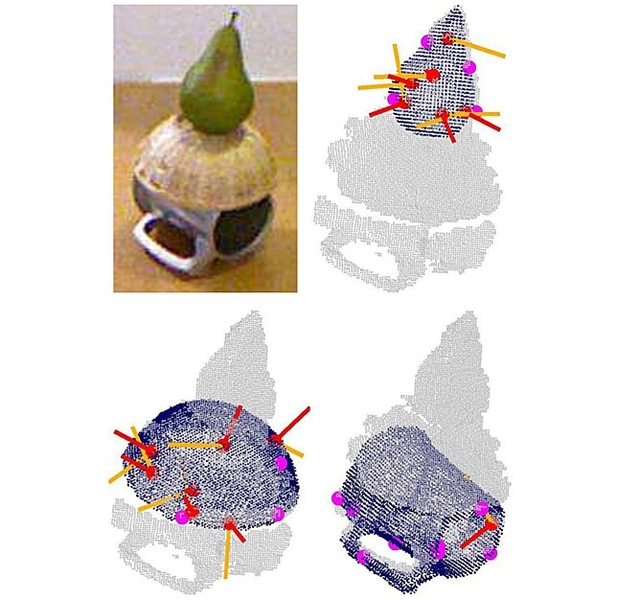 A statistical construct called the Bingham distribution enables a new
algorithm to identify an object's orientation using far fewer data points
(red and purple circles) than previous algorithms required.