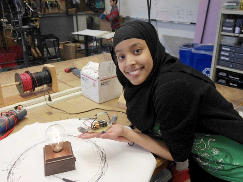 Suada Noor, a regular Saturday Thing participant, successfully assembled a light spider (an electronic spider that travels towards light). Edgerton instructors work regularly with students and faculty at the John D. O'Bryant School on engineering curriculum.