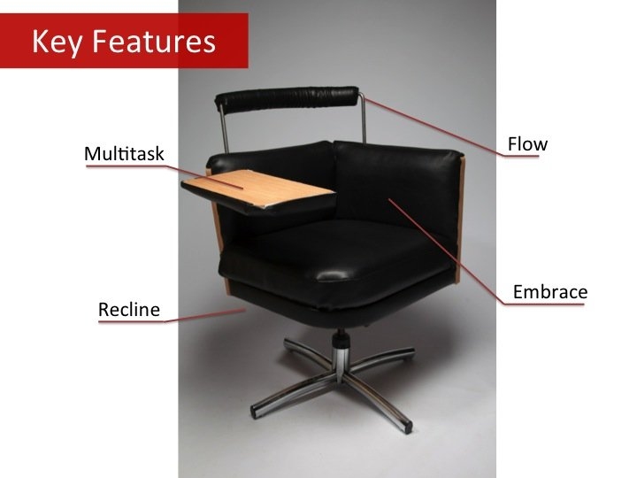 The Charriott — devised by a team comprised of Qifang Bao, Debbie Nguyen, Kalya O’Donoghue, Ernesto Reza-Garduno, Megan Roberts, Todd Rosenfield, and Michihiko Yoden — was designed to accommodate multiple typical sitting positions (working, eating, lounging, and communicating) of a hotel guest on business. The design offers a headrest, a comfortable chair, a small tray table, and the...