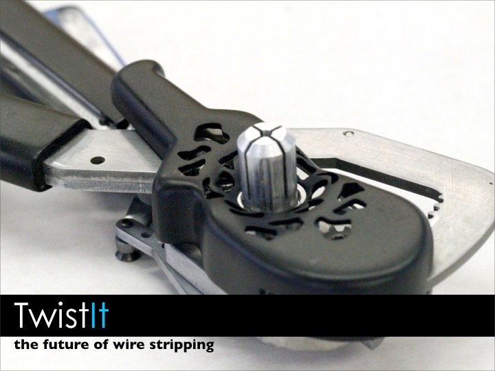 TwistIt is an easy-to-use wire-stripping and twisting tool consisting of a clamp, a collet, and gears, eliminating the tedious and painful process of stripping and twisting wires. The team consists of Cathy Jin, Viren Kalsekar, Taylor Morris, Nick Ragosta, Zhibiao Rao, Alex Sanchez, and Marc Sells.