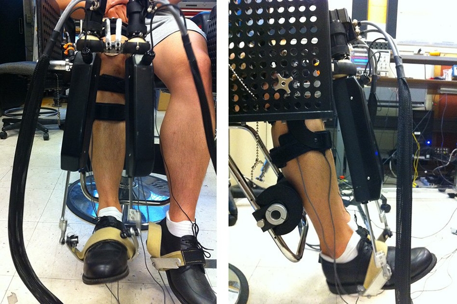 A front and side view of a volunteer wearing the Anklebot in a seated posture. During experiments, the robot moved the ankle and recorded its stiffness in multiple directions.