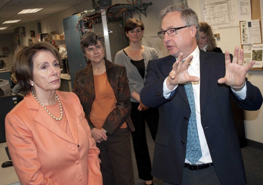 Alcator Project Head Earl Marmar introduces Congresswoman Pelosi to Alcator C-Mod, joined by Principal Research Scientist Amanda Hubbard and Alcator Administrator Jessica Coco.
