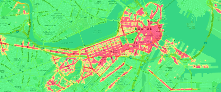 The heat map above displays taxi drop-offs in the City of Boston over a two-month period.