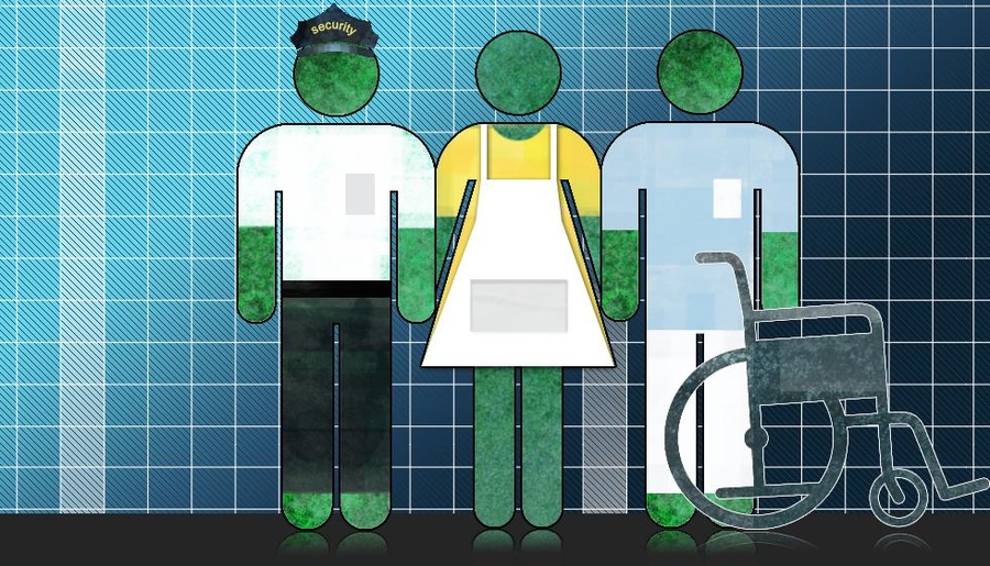 Security guard, nurse, and hospital worker as stick people with wheelchair