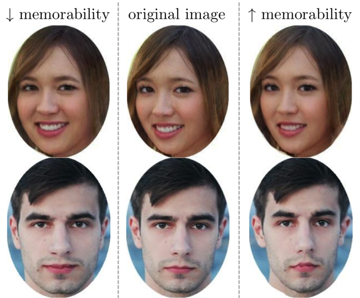 Two examples of faces that have been modified from an original photo (center) to look more (right) and less (left) memorable without altering their identity, attractiveness, age, or gender.