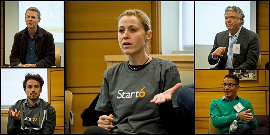 Start6 panel on company formation, culture and hiring, moderated by Michael Skok, general partner, North Bridge Venture Partners (top left). The panel included (photo center) Erika Angle, CEO and co-founder of Counterpoint Health Solutions; (top right) Roger Marino, co-founder EMC; (lower right) Elias Torres, vice president of engineering, Hubspot; and (lower left) Rene Reinsberg, general manager/...