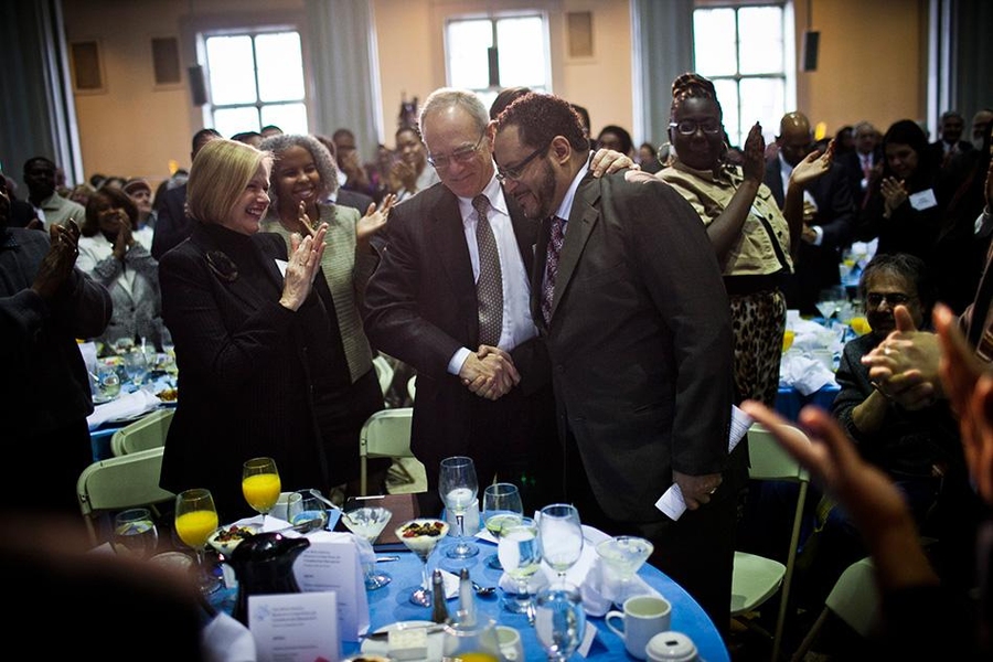 MIT President L. Rafael Reif thanks keynote speaker Michael Eric Dyson after his talk.