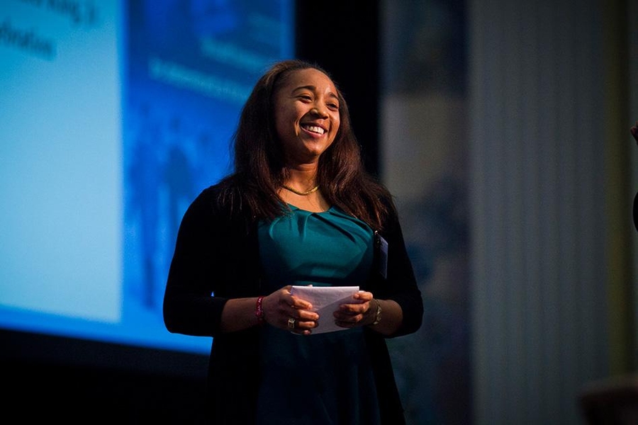 Margo Batie, a senior in physics and nuclear science and engineering, delivers her remarks at the breakfast.