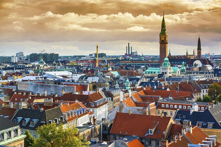 The skyline of Copenhagen, Denmark.