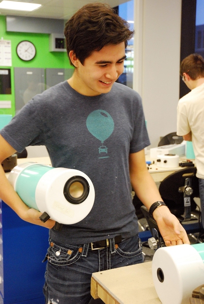 Freshmen, including Winter Guerra (pictured here), built loud-speakers and stereo-amplifiers of their own design in the new Cypress Engineering Design Studio to explore resonant systems and power conversion.