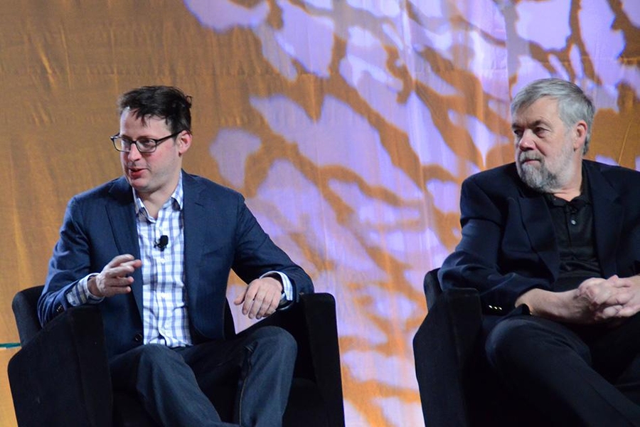 Politics and sports analysts Nate Silver (left) and baseball analyst Bill James discuss sports innovations.