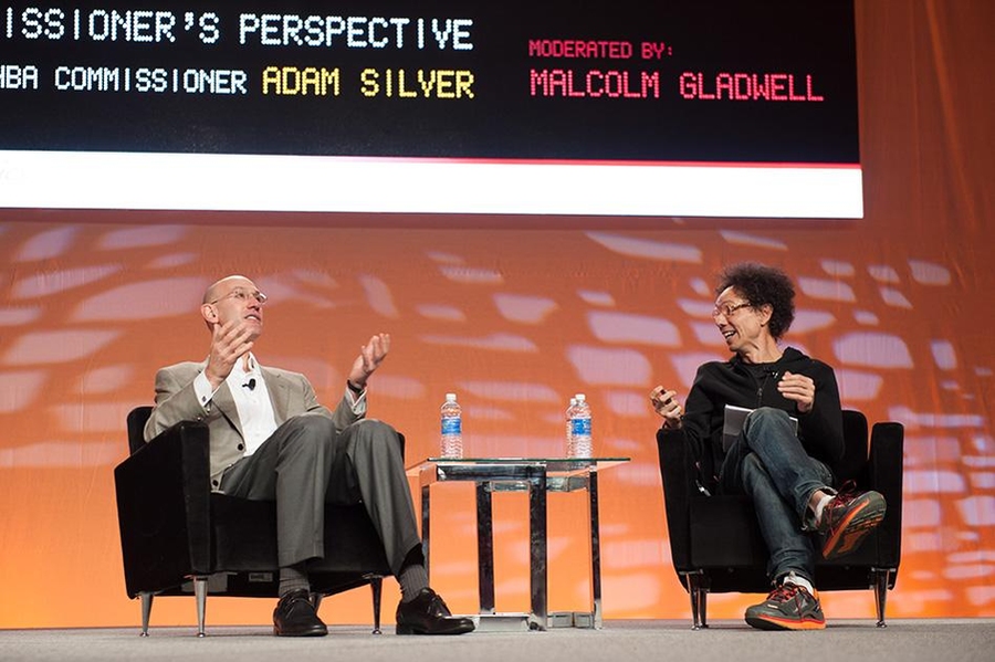 NBA commissioner Adam Silver (left) and author Malcolm Gladwell discuss the state of professional basketball.