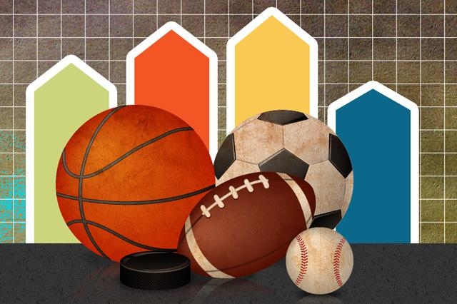 Basketball, hockey puck, football, soccer ball, and baseball in front of colorful chart graphic