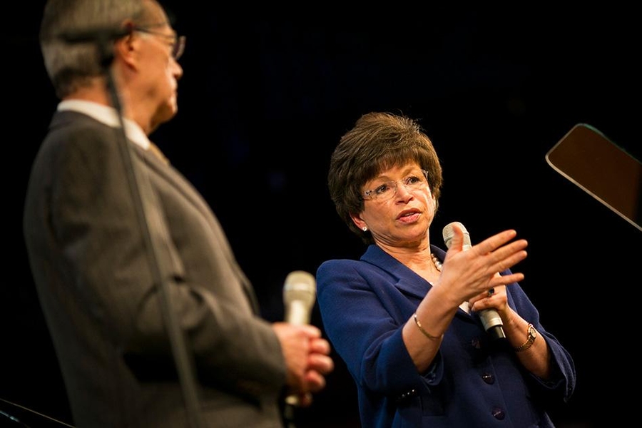 Jarrett with MIT President L. Rafael Reif at the Karl Taylor Compton Lecture. 