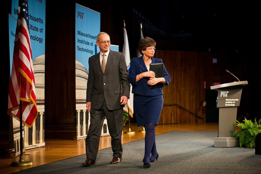 Jarrett with MIT President L. Rafael Reif at the Karl Taylor Compton Lecture. 