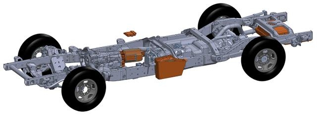 Shown here are XL Hybrids' electric powertrain components (in brown) that attach to traditional gas and oil powertrains. These components include the traction motor (nearest the front), the drive motor (on the side), and the lithium-ion battery (at the rear).