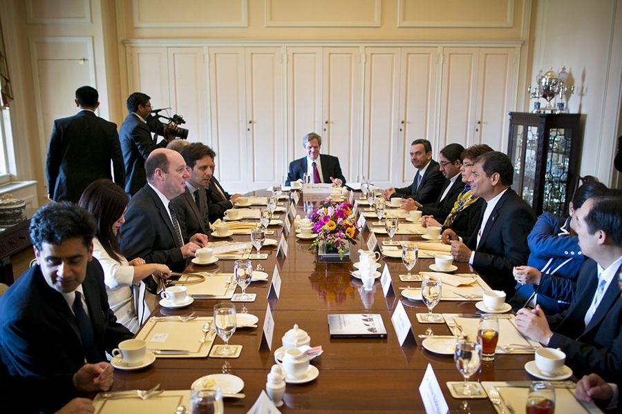 MIT Provost Martin Schmidt, center left, meets with Ecuadorian President Rafael Correa, center right.