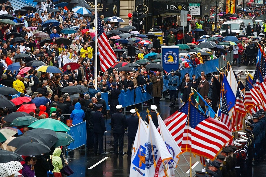 People gathered at the finish line of the Boston Marathon for the first anniversary of the bombings.