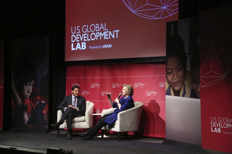 USAID Administrator Rajiv Shah with former Secretary of State Hillary Rodham Clinton at the April 3 launch event of the U.S. Global Development Lab.