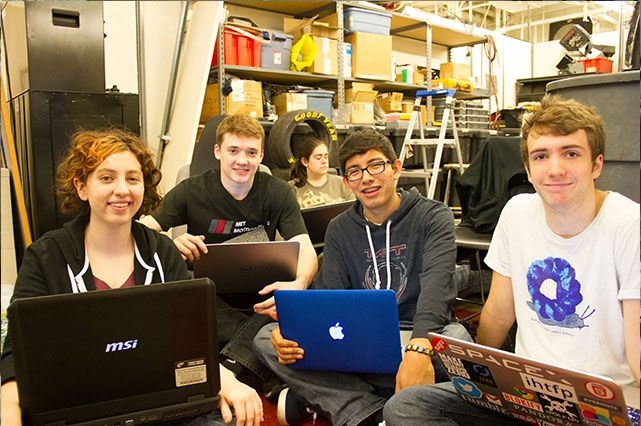 Freshmen at work on different projects, including learning SolidWorks and other software to assist them with their design of the FSAE car. From left to right, Emily Armstrong '17, David Gomez '17, Jose Zuniga '17, and Grant Sellers '17
