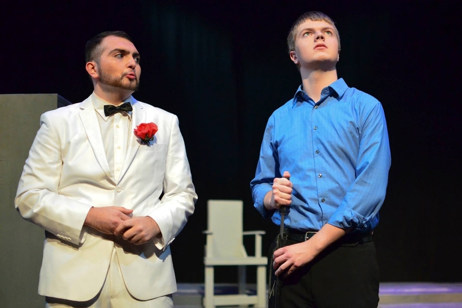 In the Shakespeare Ensemble production of “Hamlet," Esparza played Claudius (left), who conspires with Laertes (Neil Fitzgerald ’14) to murder Hamlet.