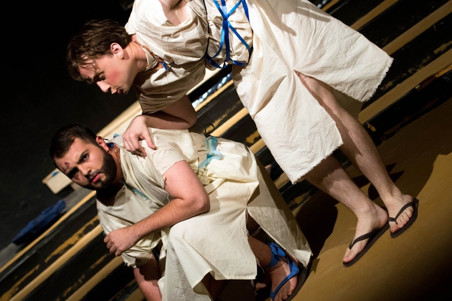 In the Shakespeare Ensemble production of "Hector & Achilles," Esparza (left) played the character Ajax, who is being convinced by Odysseus (Slava Tchoul of UMass Amherst) that the only chance of surviving is by lying to Achilles about the true nature of Patroclus's death.