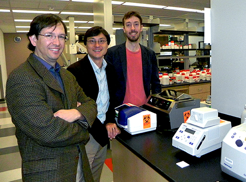 The Physics of Living Systems group at MIT includes, from left, Alfredo Alexander-Katz, materials science; Jeff Gore, experimental physics; and Jeremy England, theoretical physics. Another theoretical physicist will join the group later this year.