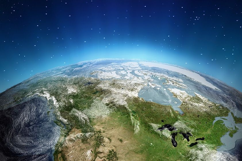 Illustration of planet Earth from far enough away in space that you can easily see its curvature