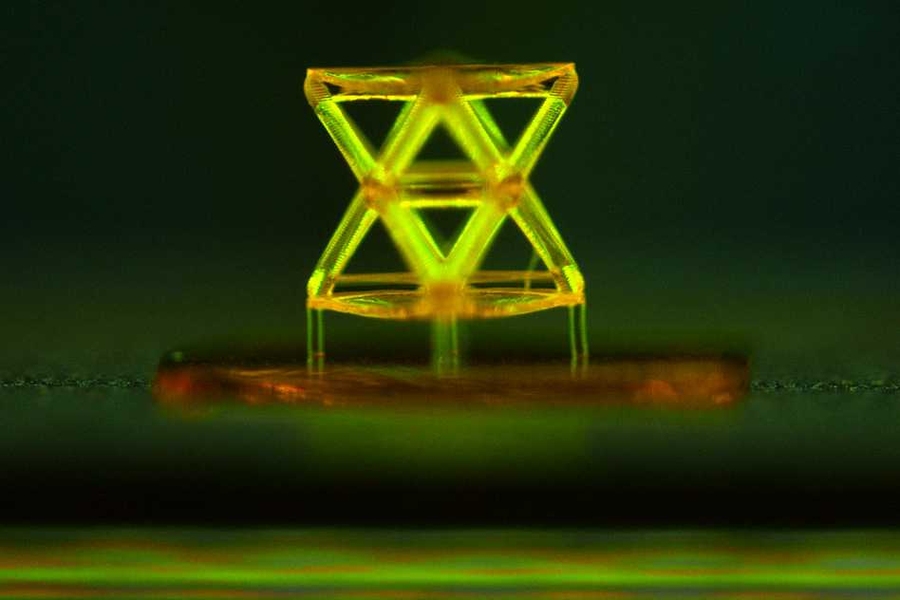 This microscope image shows a single unit of the structure developed by the team, called a stretch-dominated octet truss unit cell, made from a polymer using 3-D microstereolithography.
