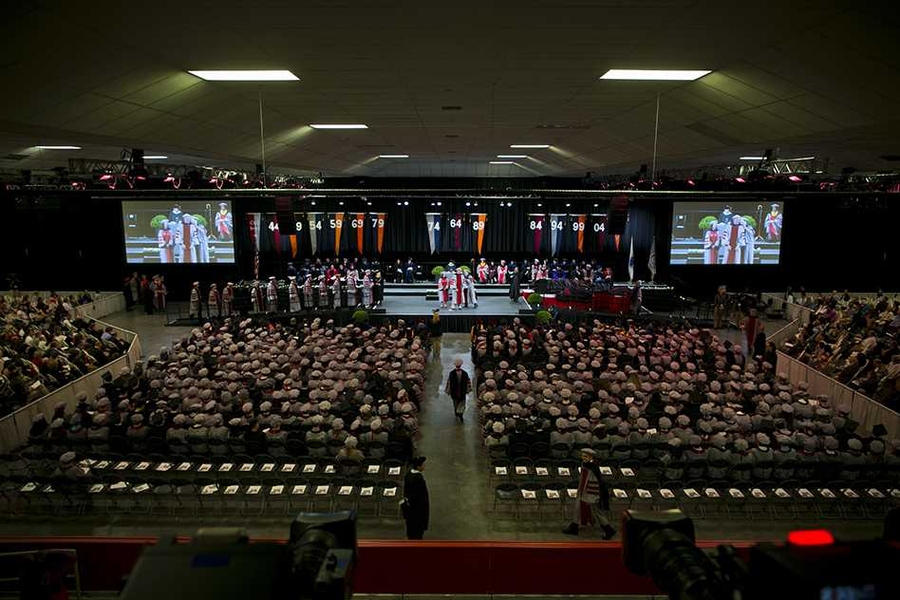 Hundreds of degree candidates and their friends and families attended today's doctoral hooding ceremony in the Johnson Athletics Center.