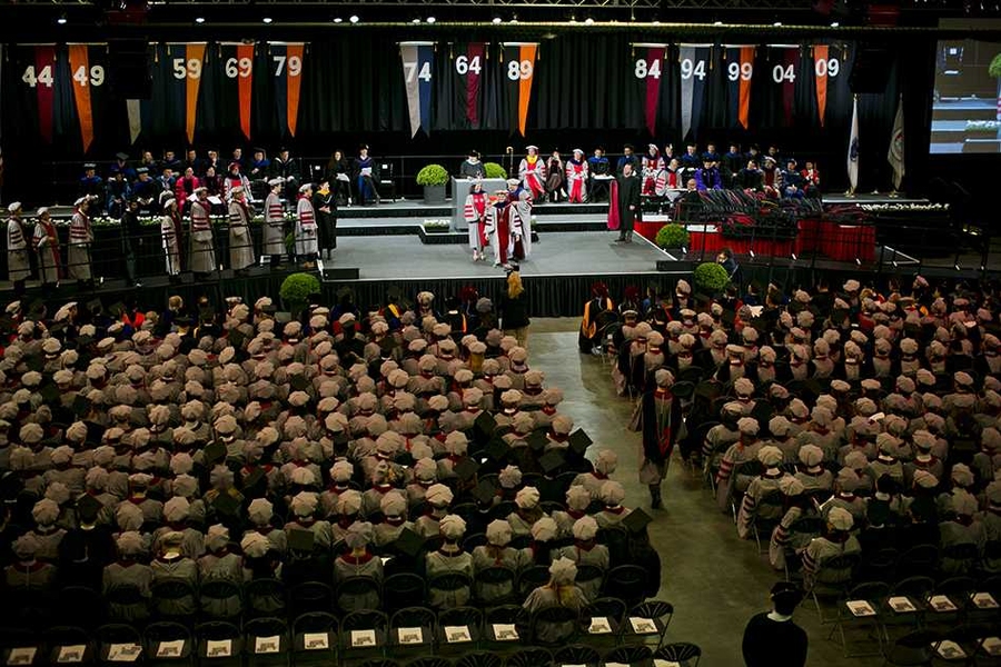 This year's doctoral hooding ceremony was held in the Johnson Athletics Center.