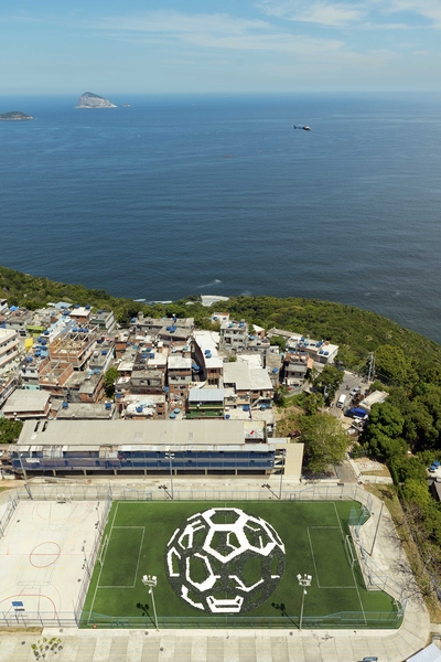 Aerial shot of the soccer ball installation featured in "This is Not a Ball"