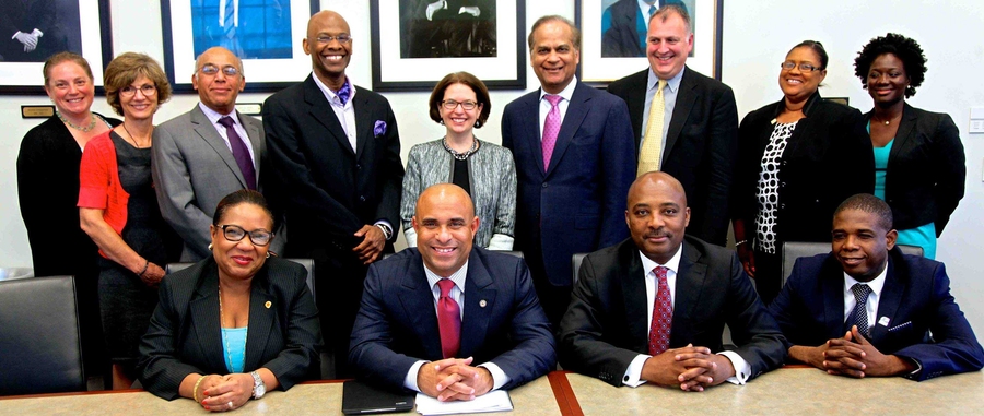 The Haitian delegation that recently visited MIT consisted of (seated, left to right): Florence Duperval Guillaume, minister of public health and population; Prime Minister Laurent Lamothe; Nesmy Manigat, minister of national education and vocational training; and Carl Murat Cantave, special advisor to the prime minister on health issues. They met with representatives of MIT Sloan Executive Educat...