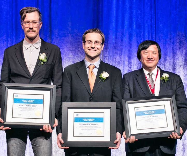 (From left) Justin Kamp, Alexander Sappok, and Victor Wong at the SAE awards ceremony in April 2014.