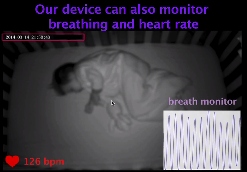 A screenshot from the researchers' video shows their technology monitoring a baby's breathing and heart rate remotely.