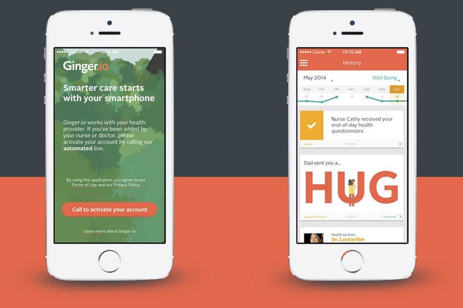 The Ginger.io app (on the right) graphs a patient's well-being and sends notifications about their health care, among other things.