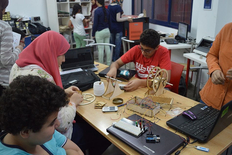 Young innovators camp at a workshop in Fab Lab Egypt.