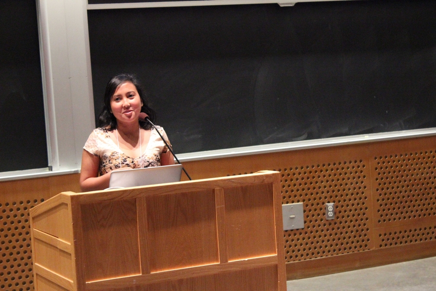 Level-three probability and statistics instructor Mia Bernadino introduces herself to parents and students at the STEM Program Orientation.