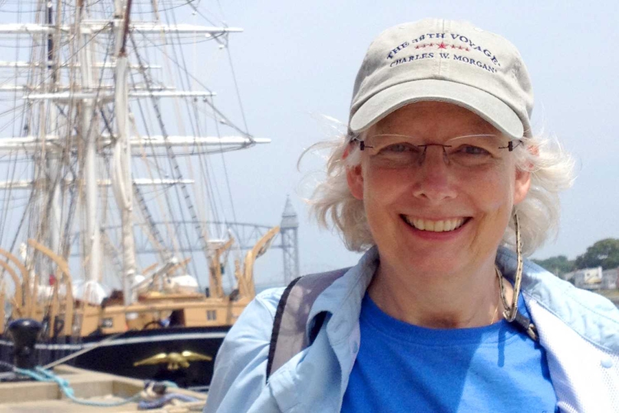 MIT Melville scholar Wyn Kelley with the Charles W. Morgan in dock.