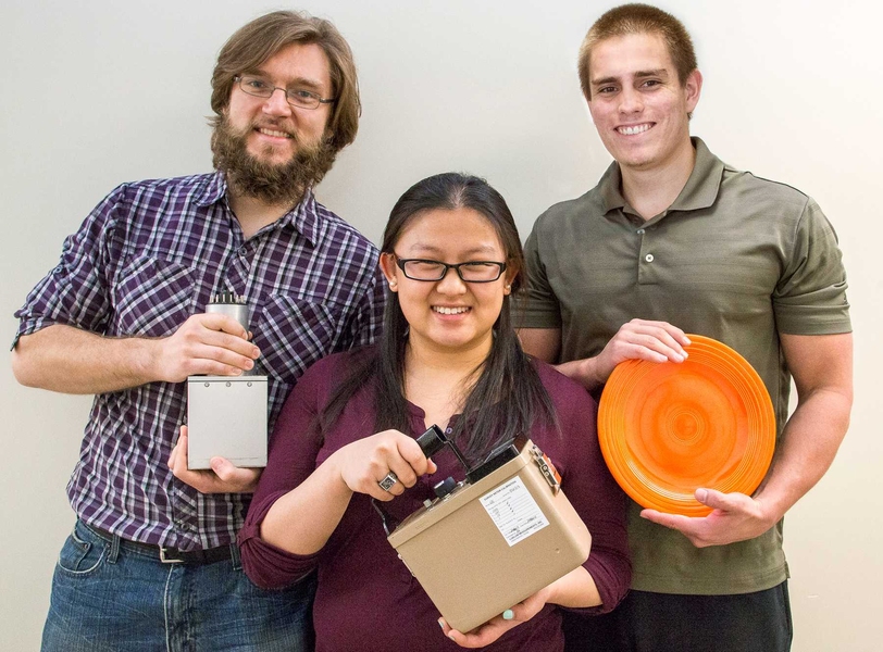 Midway through Keeril Makan's “Introduction to Composition” class, three MIT nuclear engineering students had invented a technique to create sound textures from the energy of the decaying atom.  Left to right: Keldin Sergheyev '15, Helen Chang Liu '16,  and Nick Lopez '15.