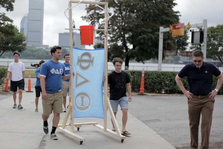 Phi Delta Theta created a dousing contraption that filled a bucket via tubes. Lou Gehrig was a member of this fraternity when he was a student at Columbia University.