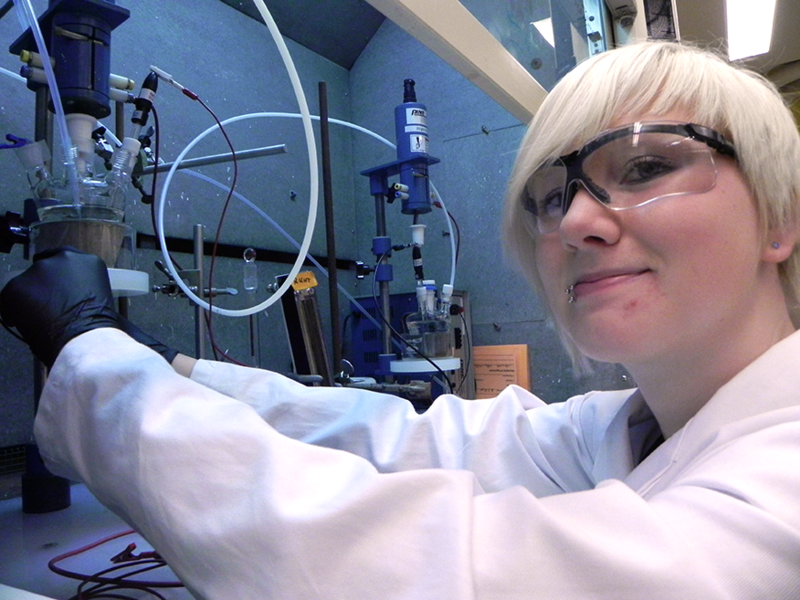 Alyssa Johnson measures the effect of a potential applied to an electrode to understand how to catalyze the oxygen reaction in various oxide films. Johnson worked with carbon electrodes, processing measuring resistance with rotating disc electroanalysis.